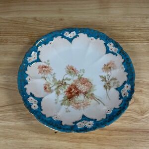 Vintage Weimar Germany Porcelain Plate Chrysanthemum Turquoise Gold Pierced 7.75